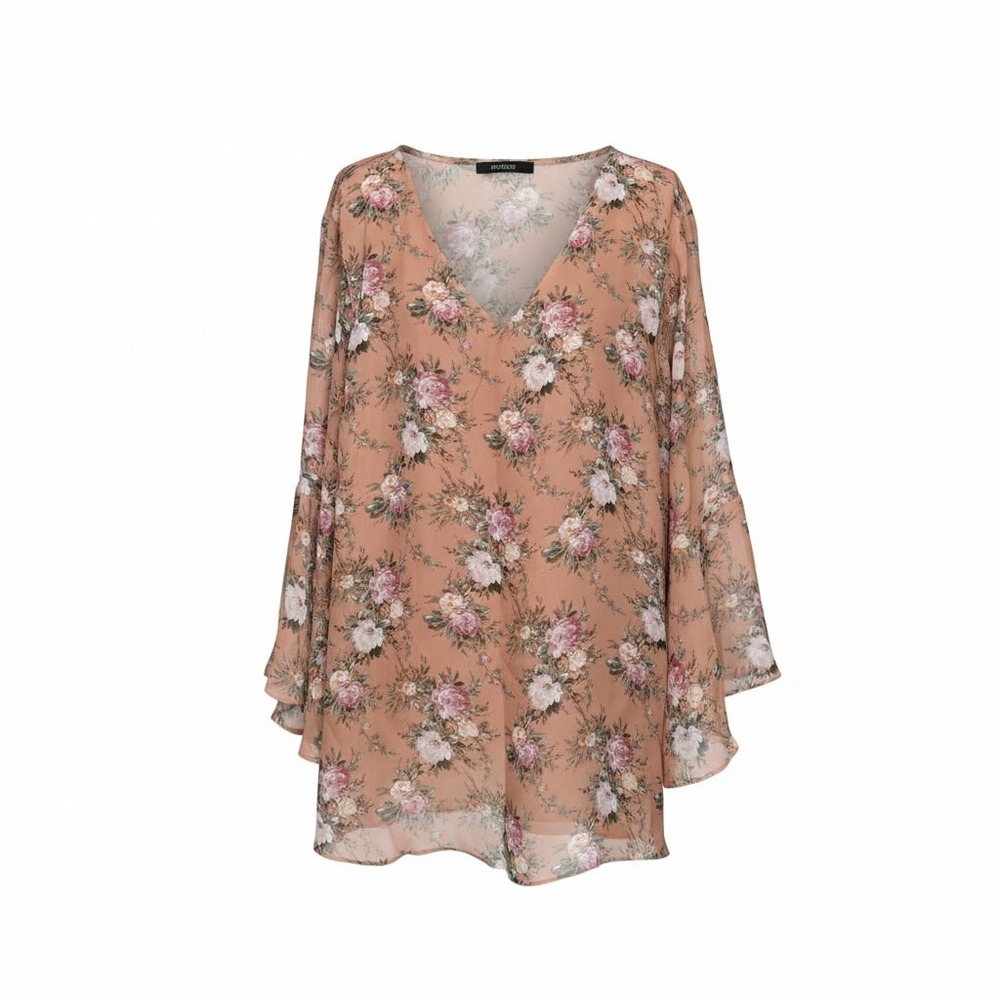 Zac‎ & Rachel Woman Floral V-Neck Bell Sleeve Blouse Peach Terracotta 2X Boho